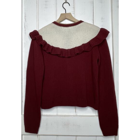 HILL HOUSE Wool Red Floral Embroidered Ruffle Pearl Button Cardigan Sweater S - Picture 2 of 8